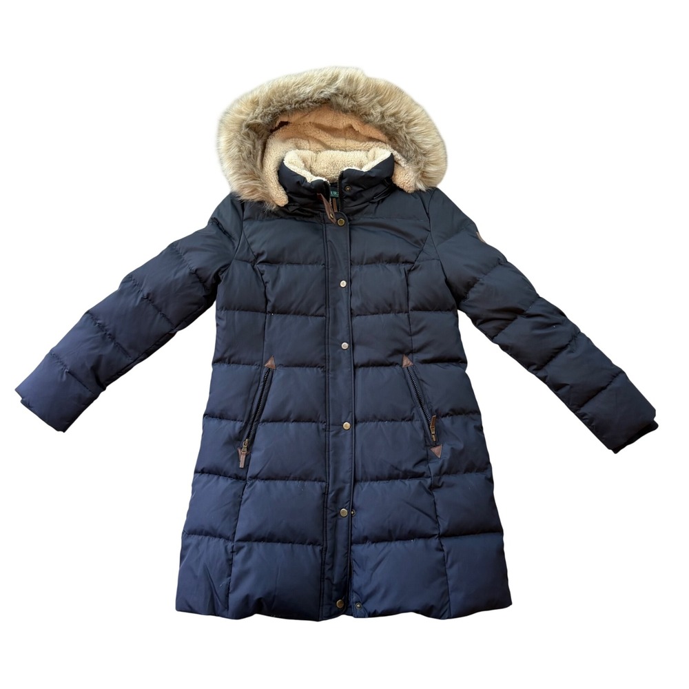 Lauren Ralph Lauren Womens Down Puffer Parka Navy Faux Fur Removable Hood Large